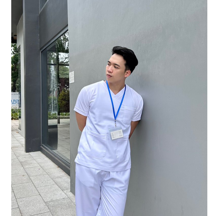 Bộ Scrubs Màu Trắng Bác Sĩ, Quần Áo Blouse Cổ Tim NAM NỮ Màu Trắng chất vải Cotton Lạnh mịn mát dày dặn