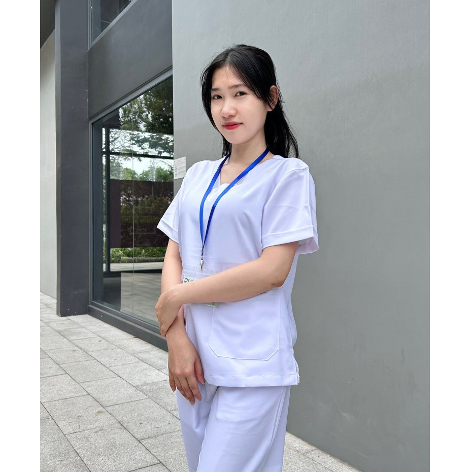 Bộ Scrubs Màu Trắng Bác Sĩ, Quần Áo Blouse Cổ Tim NAM NỮ Màu Trắng chất vải Cotton Lạnh mịn mát dày dặn