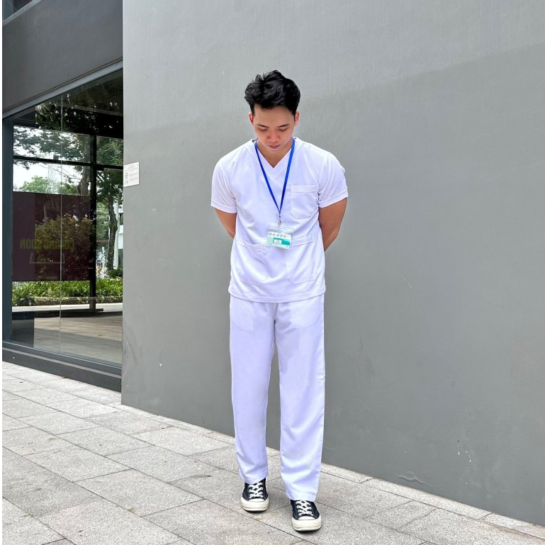 Bộ Scrubs Màu Trắng Bác Sĩ, Quần Áo Blouse Cổ Tim NAM NỮ Màu Trắng chất vải Cotton Lạnh mịn mát dày dặn
