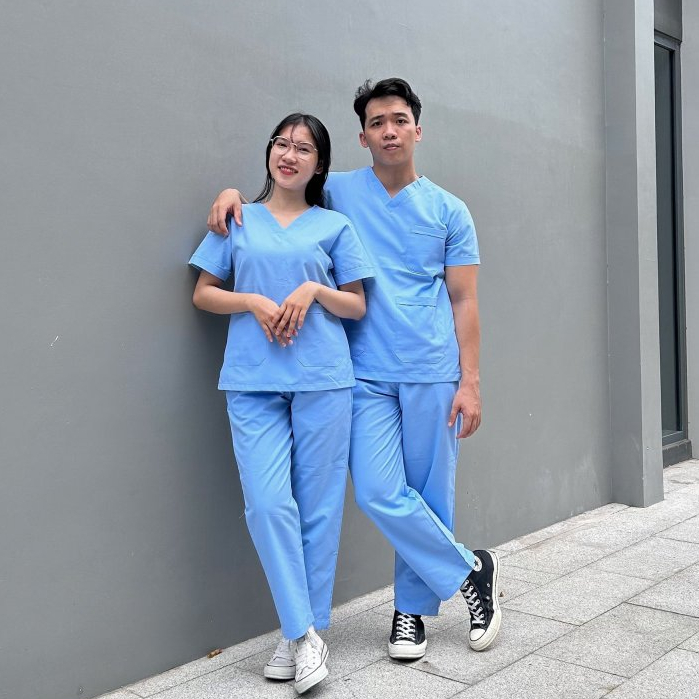 Bộ SCRUBS Xanh Dương cổ tim vải Cotton, đồ phòng mổ, đồng phục phẫu thuật, phòng khám, Nha Khoa
