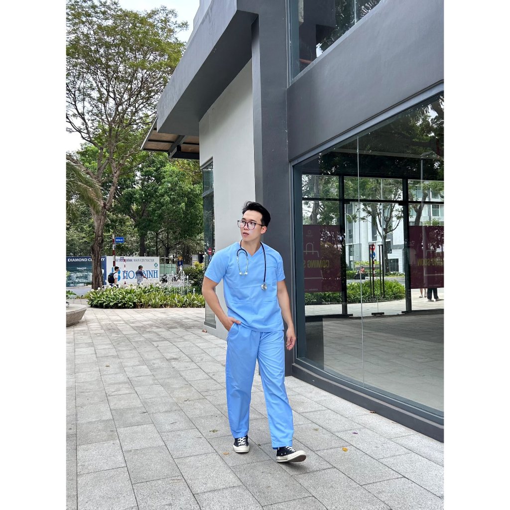 Bộ SCRUBS Xanh Dương cổ tim vải Cotton, đồ phòng mổ, đồng phục phẫu thuật, phòng khám, Nha Khoa