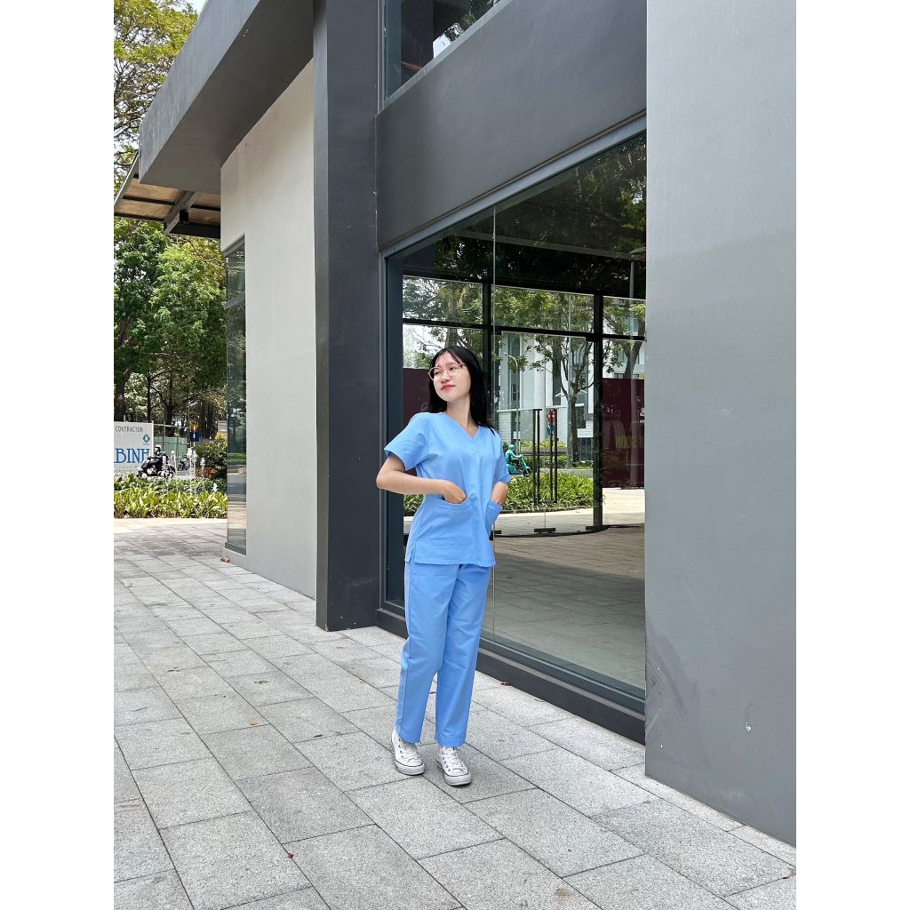 Bộ SCRUBS Xanh Dương cổ tim vải Cotton, đồ phòng mổ, đồng phục phẫu thuật, phòng khám, Nha Khoa