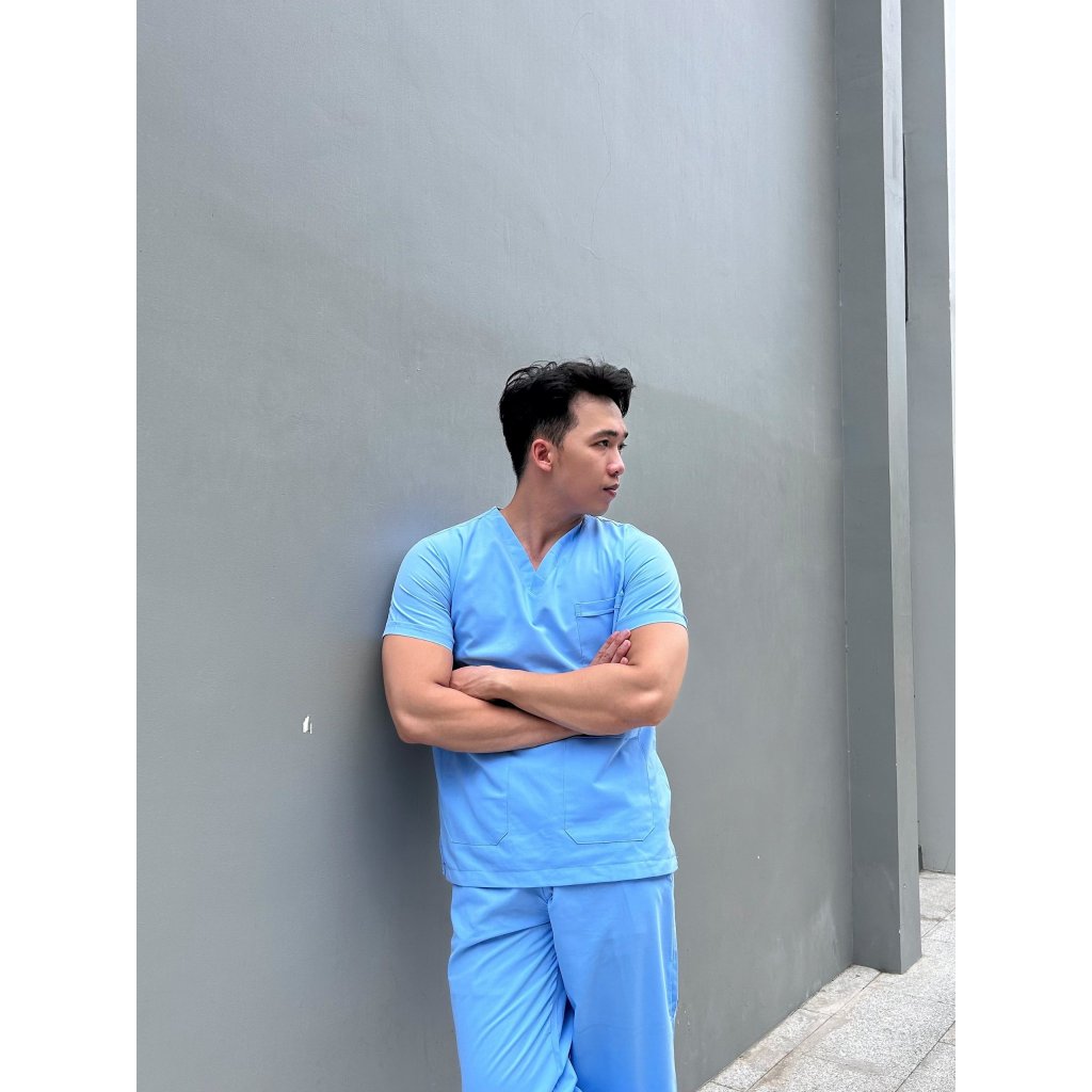 Bộ SCRUBS Xanh Dương cổ tim vải Cotton, đồ phòng mổ, đồng phục phẫu thuật, phòng khám, Nha Khoa