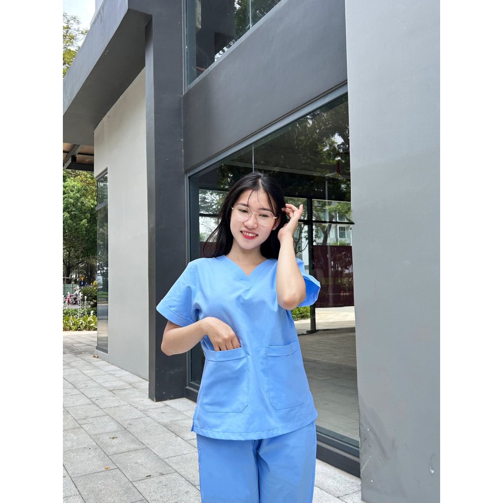 Bộ SCRUBS Xanh Dương cổ tim vải Cotton, đồ phòng mổ, đồng phục phẫu thuật, phòng khám, Nha Khoa