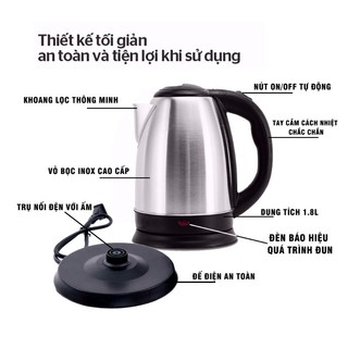 Ấm đun nước siêu tốc inox 1.8 L Electric Kettle chính hãng tốt cho sức khỏe bảo hành 6 tháng