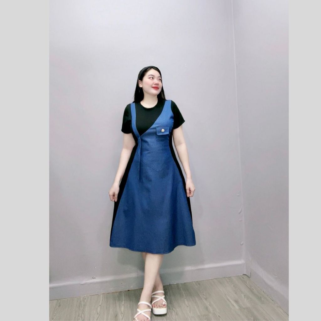 Đầm Jean Bigsize Nữ,Đầm Jean Phối Cổ Tròn Cách Điệu Lên Phom Tôn Dáng ĐẦM JEAN G671+G672
