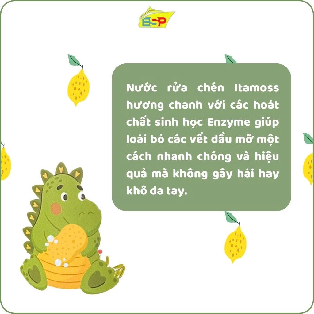 [XẢ HÀNG] Nước rửa chén ITAMOSS Hương Gừng/Quế/Chanh an toàn cho da tay (Chai 1kg) – Date tháng 12-2026
