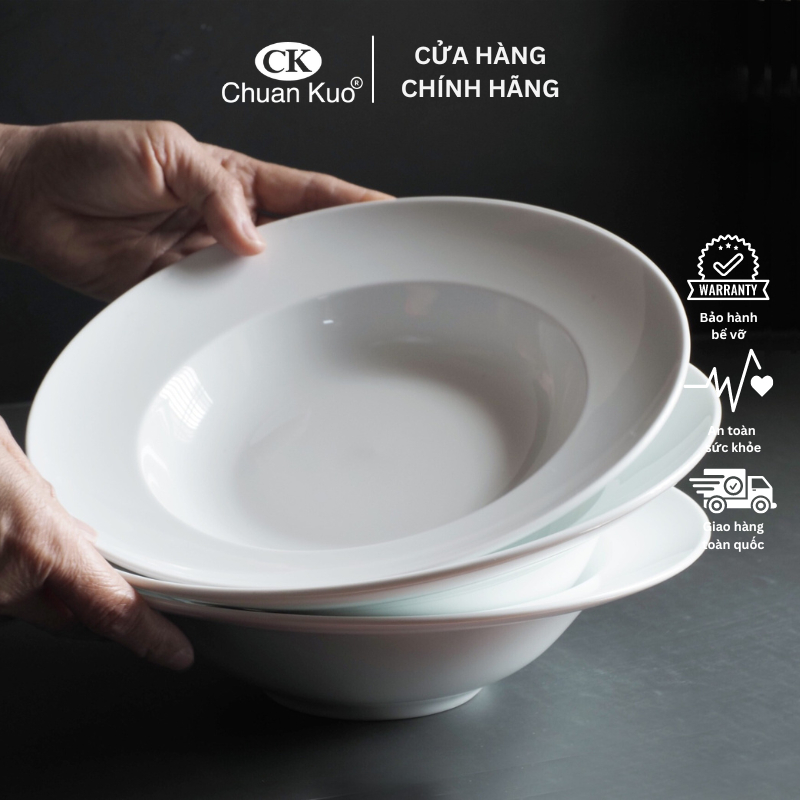 Đĩa sâu lòng trắng trơn thương hiệu CK nhiều size 18 20 22cm - Dĩa sứ cao cấp ăn súp, salad cho nhà hàng, khách sạn