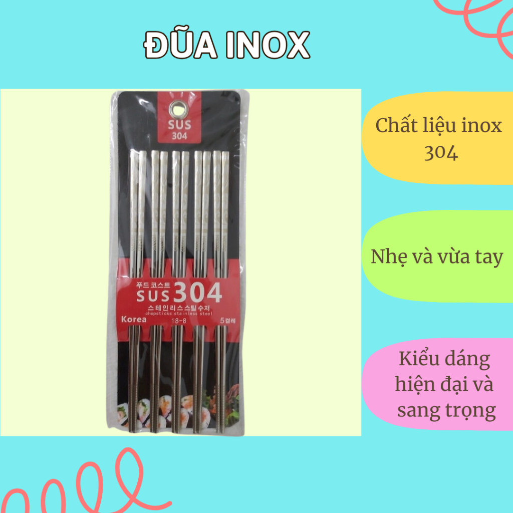 Đũa inox 304 chống trượt cao cấp, Vỉ 5 đôi đũa vuông khắc vân chống nấm ...