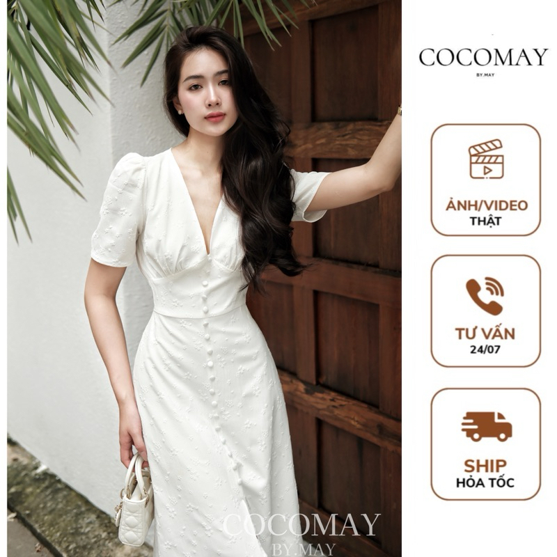 COCOMAY Đầm cổ V chất liệu vải nổi hoa cao cấp dịu dàng hàng nút bọc Nữ ...