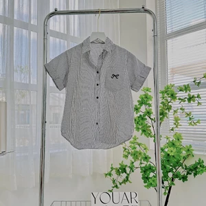 Áo Sơ Mi Nữ Kẻ Sọc Tay Ngắn Gập Gấu Thêu Nơ, Sơ Mi Nữ Chất Cotton Xịn Form Vừa Xinh