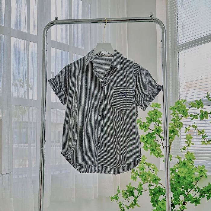 Áo Sơ Mi Nữ Kẻ Sọc Tay Ngắn Gập Gấu Thêu Nơ, Sơ Mi Nữ Chất Cotton Xịn Form Vừa Xinh