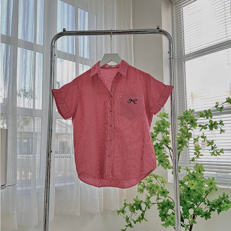 Áo Sơ Mi Nữ Kẻ Sọc Tay Ngắn Gập Gấu Thêu Nơ, Sơ Mi Nữ Chất Cotton Xịn Form Vừa Xinh