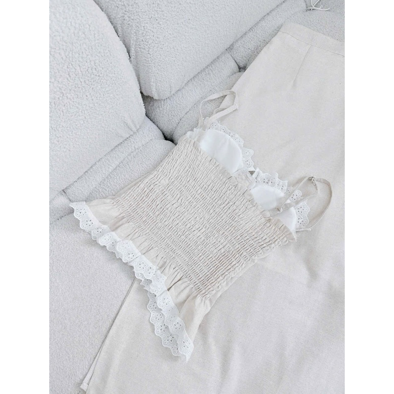 SET ÁO LINEN 2 DÂY XẾP NGỰC PHỐI REN BÈO NGỰC + CHÂN VÁY KEM SUÔNG MIDI