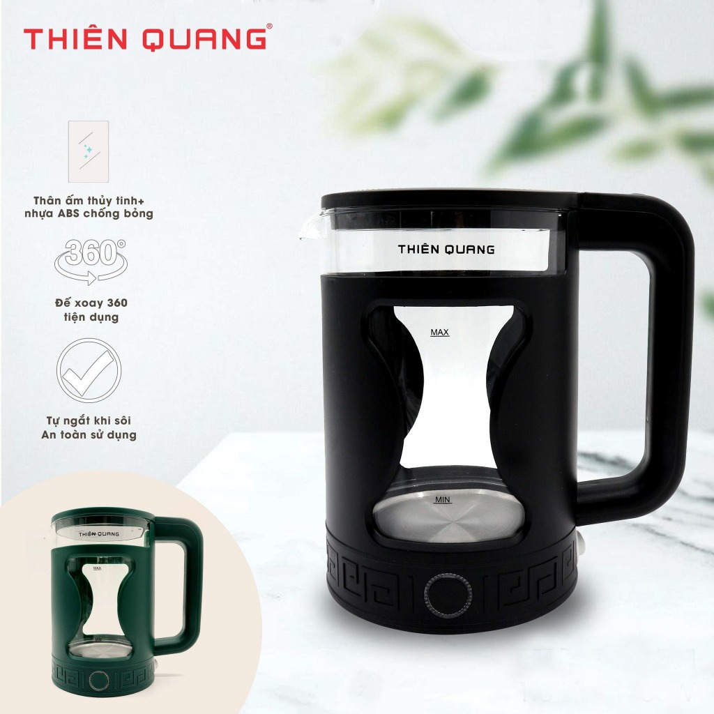 Ấm Đun Siêu Tốc Thủy Tinh Giữ Nhiệt Cao Cấp Thiên Quang, bọc nhựa & inox 304 cao cấp,2.0L