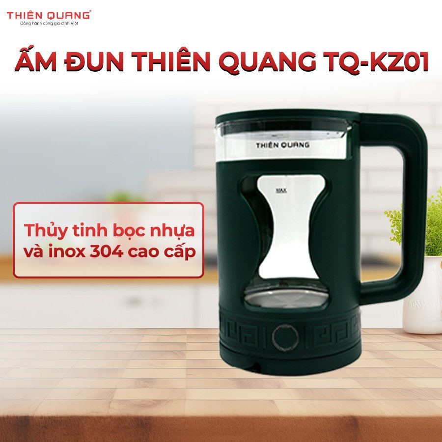 Ấm Đun Siêu Tốc Thủy Tinh Giữ Nhiệt Cao Cấp Thiên Quang, bọc nhựa & inox 304 cao cấp,2.0L
