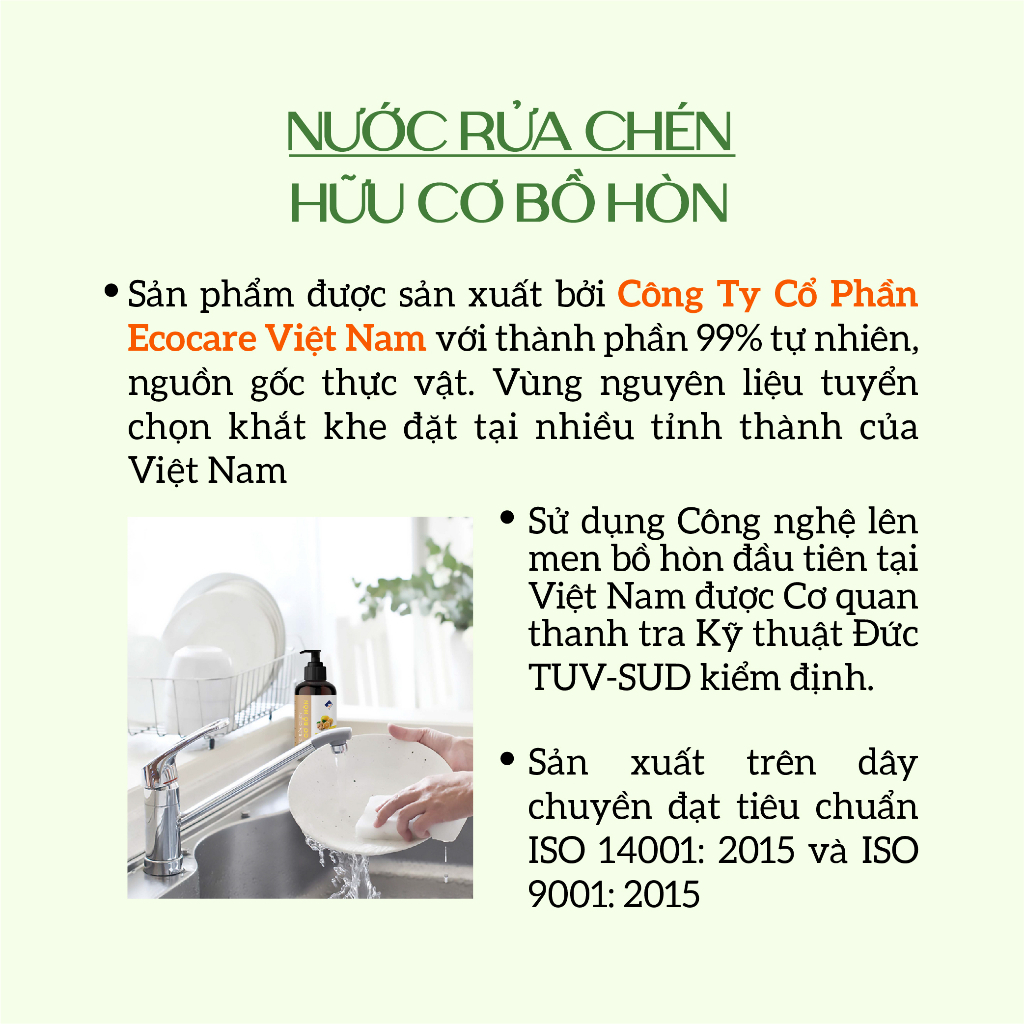 Nước rửa chén hữu cơ bồ hòn Ecocare hương liệu tự nhiên 500ml cho bé
