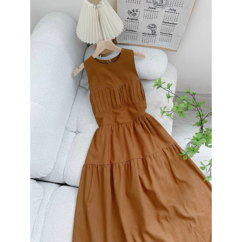 [Mya house] Đầm linen sát nách tầng xoè xếp ly ngực