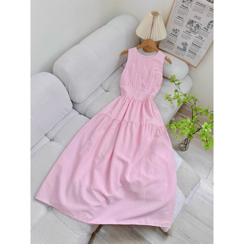 [Mya house] Đầm linen sát nách tầng xoè xếp ly ngực