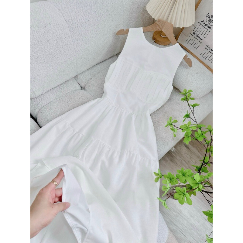[Mya house] Đầm linen sát nách tầng xoè xếp ly ngực