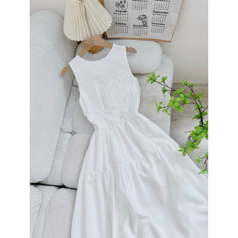 [Mya house] Đầm linen sát nách tầng xoè xếp ly ngực