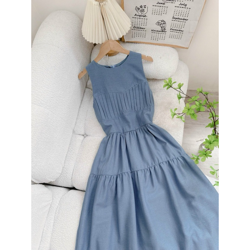 [Mya house] Đầm linen sát nách tầng xoè xếp ly ngực