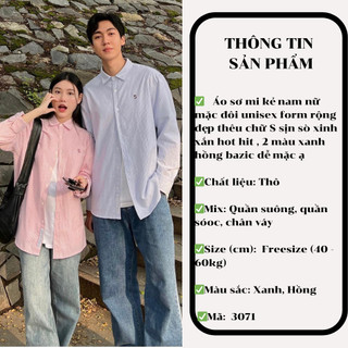 Áo sơ mi kẻ nam nữ mặc đôi unisex form rộng đẹp thêu chữ S - 247store