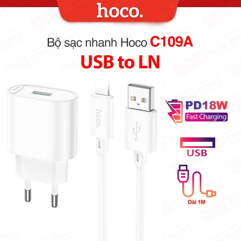 Bộ sạc nhanh Hoco C109/C109A PD18W+QC3.0 USB to IP dùng cho ip6/7/8/X ...