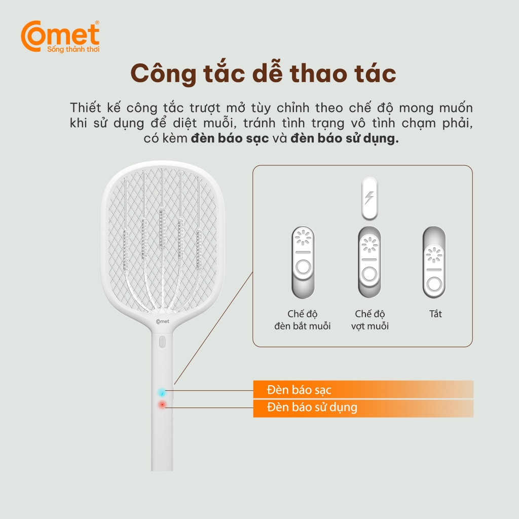 Ảnh Vợt muỗi điện Comet CP049 Pin Lithium 500mAh sạc 2h dùng 10 ngày BH 12T cổng sạc type C 4