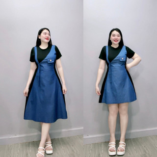 Đầm phối jean bigsize nữ tay ngắn cổ tròn form chữ A tôn eo dáng dài và ngắn trẻ trung năng động 50-95kg G671+G672