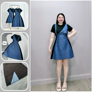 Đầm phối jean bigsize nữ tay ngắn cổ tròn form chữ A tôn eo dáng dài và ngắn trẻ trung năng động 50-95kg G671+G672