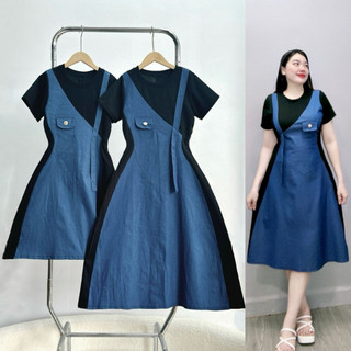 Đầm phối jean bigsize nữ tay ngắn cổ tròn form chữ A tôn eo dáng dài và ngắn trẻ trung năng động 50-95kg G671+G672