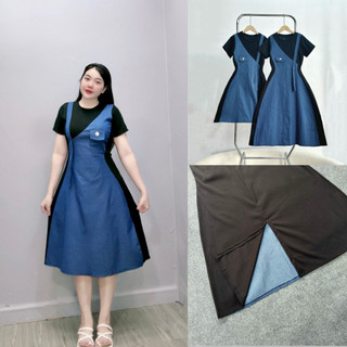 Đầm phối jean bigsize nữ tay ngắn cổ tròn form chữ A tôn eo dáng dài và ngắn trẻ trung năng động 50-95kg G671+G672