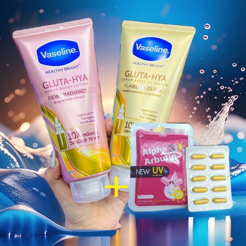 Combo sữa dưỡng thể vaseline 10x và vỉ kích trắng alpha abutin uv