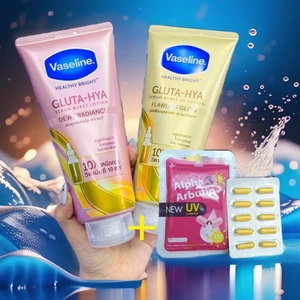Combo sữa dưỡng thể vaseline 10x và vỉ kích trắng alpha abutin uv