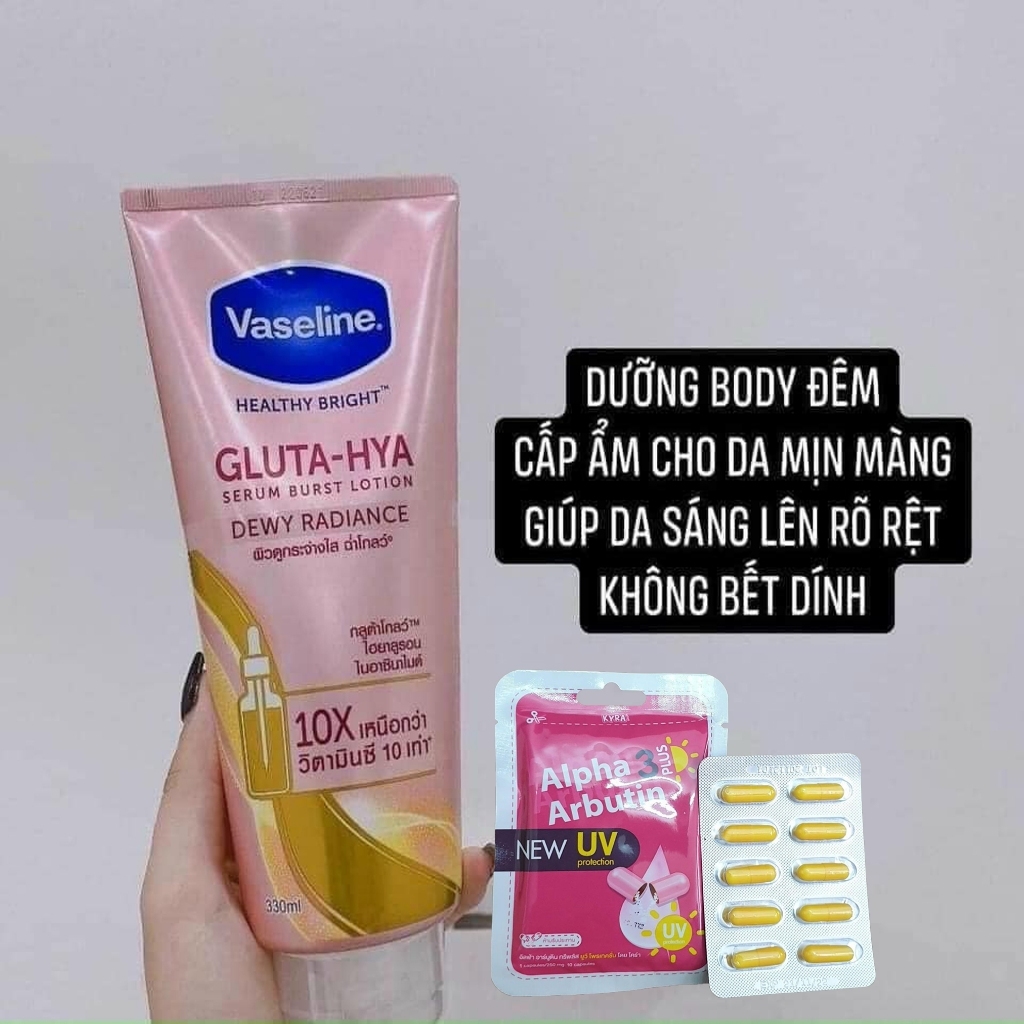 Combo sữa dưỡng thể vaseline 10x và vỉ kích trắng alpha abutin uv