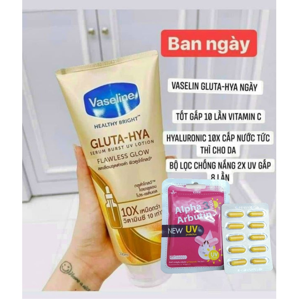 Combo sữa dưỡng thể vaseline 10x và vỉ kích trắng alpha abutin uv