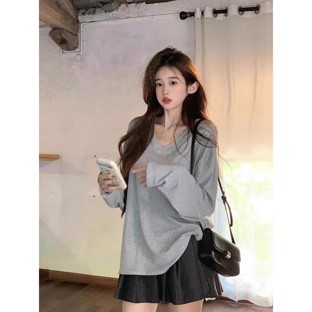 ÁO THUN TAY DÀI CỔ TIM TRƠN FORM RỘNG DỄ PHỐI ĐỒ CHẤT VẢI CO GIÃN ĐẸP OVESIZE<72KG