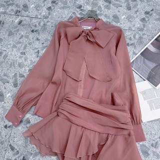 Set Bộ Đồ Nữ Tơ Voan Áo Sơ Mi Dây Nơ Cổ Dài Tay Mix Chân Váy Voan Có Lót Trong