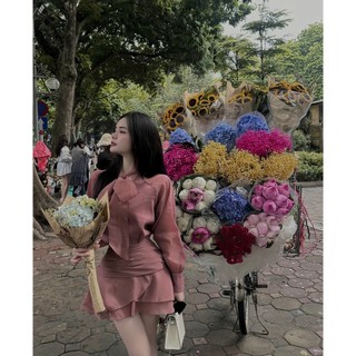 Set Bộ Đồ Nữ Tơ Voan Áo Sơ Mi Dây Nơ Cổ Dài Tay Mix Chân Váy Voan Có Lót Trong