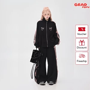 Set đồ nữ thể thao thu đông GRADPOPU PPAK04 khóa kéo cao cổ thiết kế 2 sọc thắt nơ cá tính phong cách Hàn Quốc