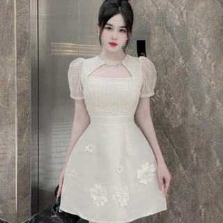 Váy thiết kế dáng xoè phối ren đính nơ cài cao cấp MC7