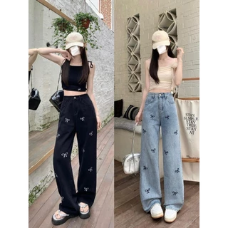 Quần jean bò ống rộng suông xuông nữ thêu nơ jeans cạp cao phong cách Hàn Quốc MS78
