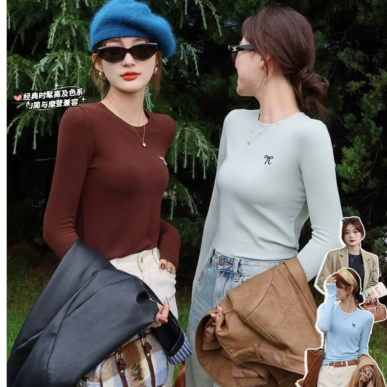 Áo Thun Tay Dài Cổ tròn dáng ôm vừa Co Giãn Tốt in hình Nơ July fashion2023, Áó dài tay thun len mùa thu gam màu pastel
