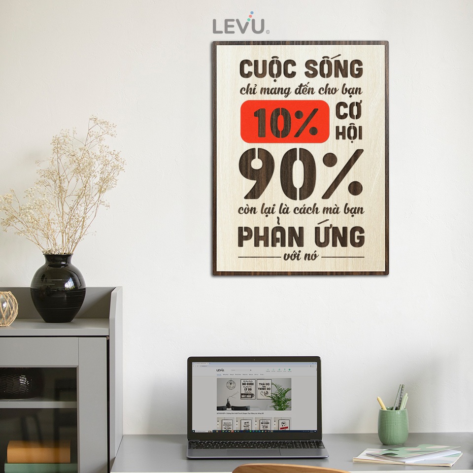 Tranh slogan thương hiệu LEVU112: Cuộc sống chỉ mang đến cho bạn 10% cơ hội, 90% còn lại là cách bạn phản ứng với nó