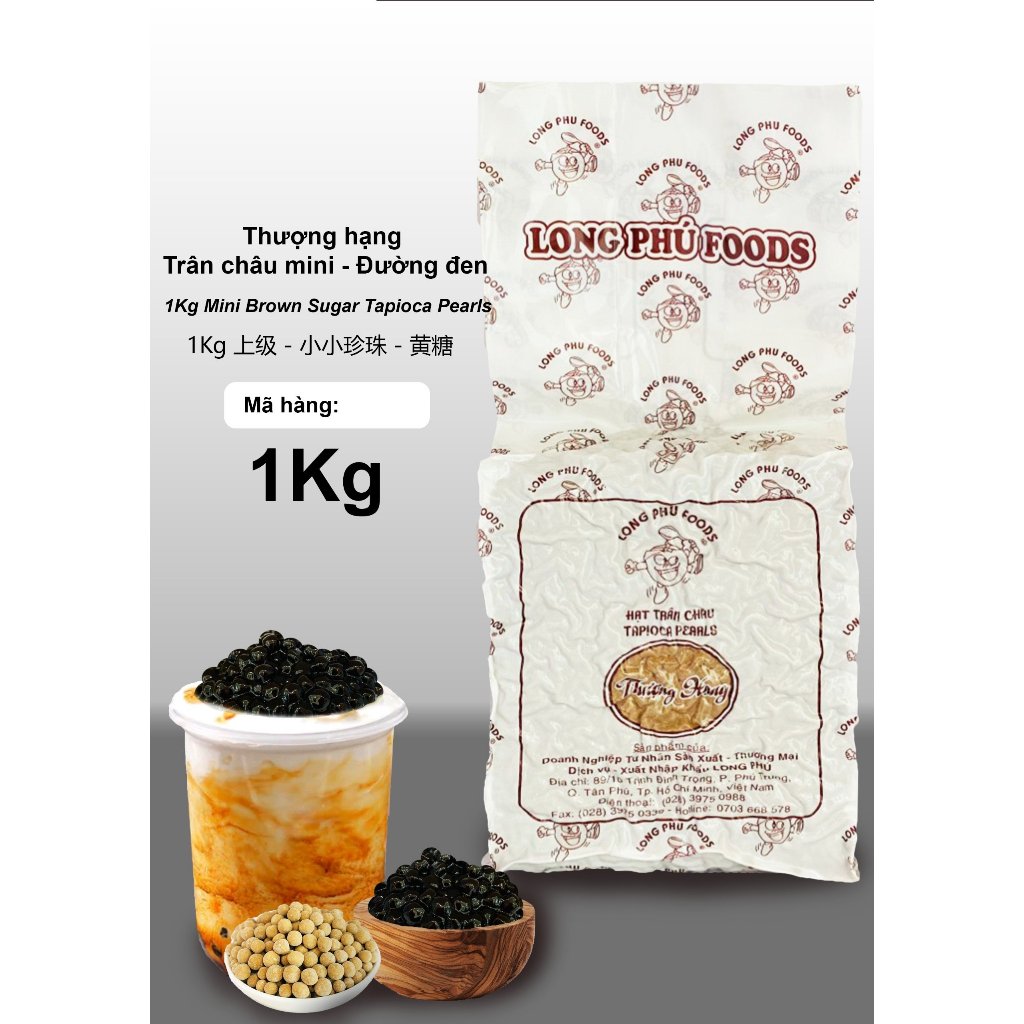 Trân Châu Đường Đen Mini Thượng Hạng LONG PHÚ gói 1kg - Topping Nguyên Liệu Trà Sữa, Chè