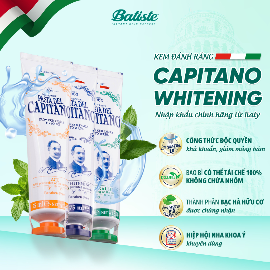 Ảnh Kem Đánh Răng Trắng Răng Capitano Toothpaste Italy Giải Quyết Các Vấn Đề Răng Miệng, Trắng Sáng Tự Nhiên 75ml 1