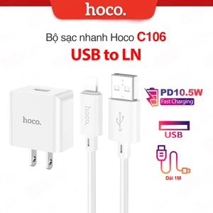 Bộ sạc nhanh Hoco C106 USB to IP PD10.5W 5V/2.1A ,chân cắm dẹt dùng cho ip6/7/8/X/11/12/13/14, dài 1m, chân dẹt