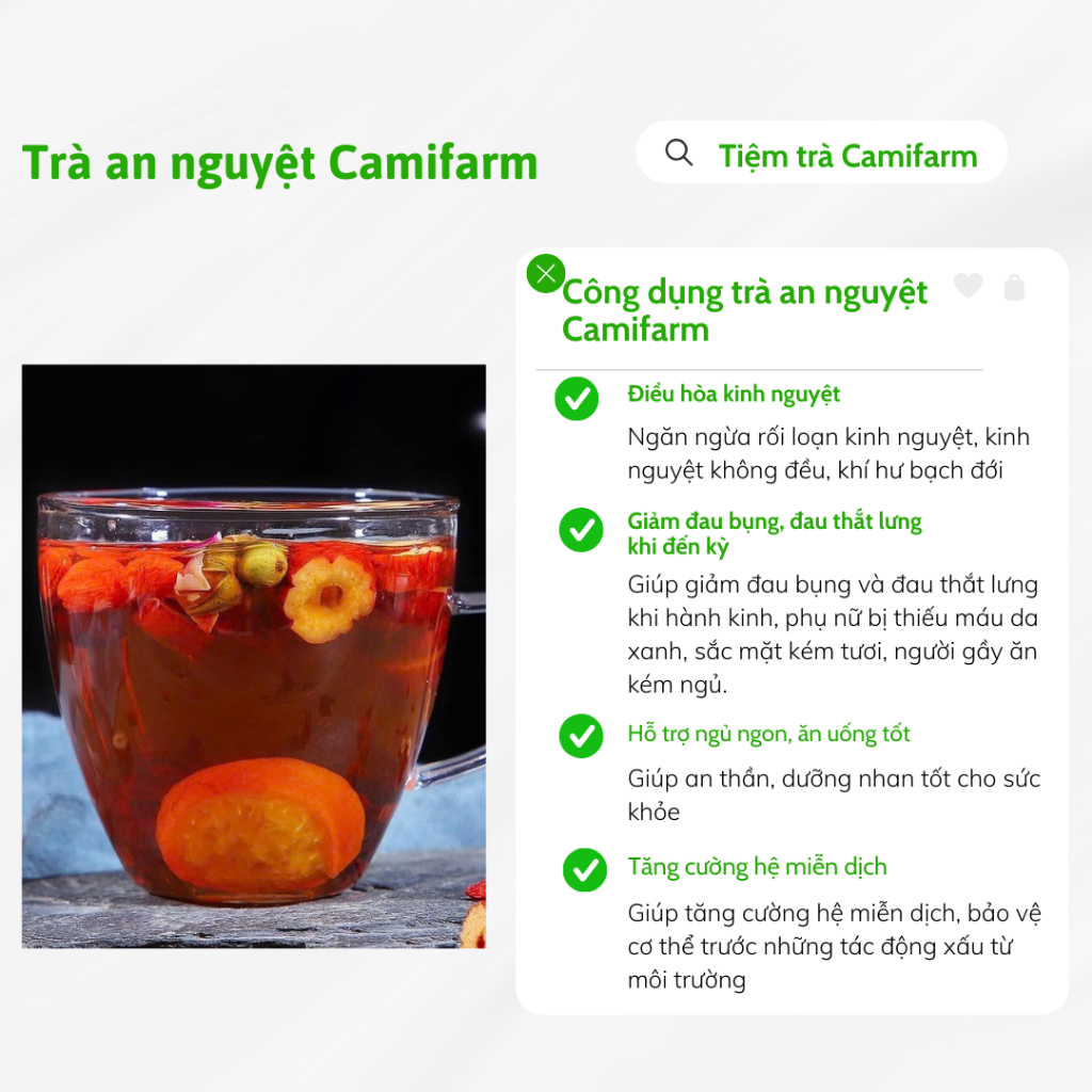 Ảnh Trà an nguyệt Camifarm giúp điều hòa kinh nguyệt, giảm đau bụng kinh, hoa mắt, chóng mặt 1