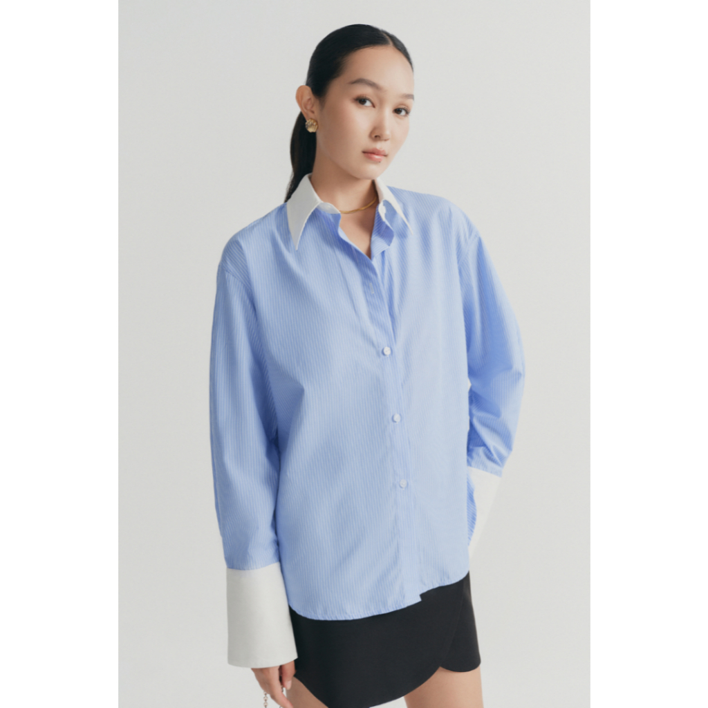 Ảnh Áo sơ mi dáng relaxed MONO TALK cổ và măng sét tay phối trắng MOF24S-T10012TK 4
